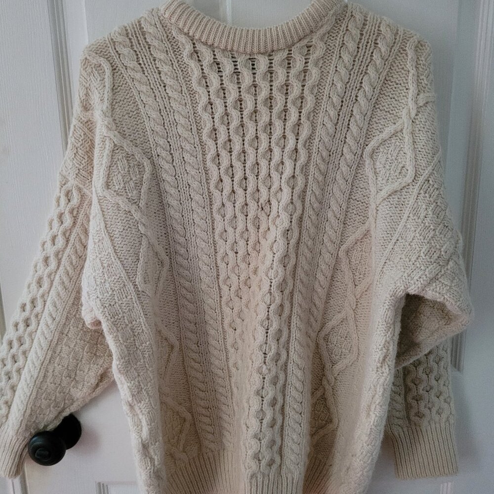 Large Aran Crafts Cable Knit Crew Neck Wool Sweater